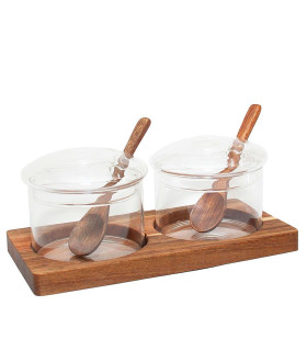 Set de 2 pots à sucre en verre avec support et cuillères 19.5x10x8cm