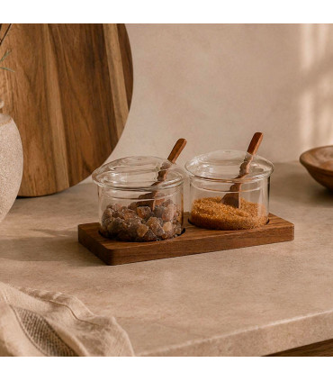Set de 2 pots à sucre en verre avec support et cuillères 19.5x10x8cm