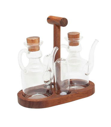 Set huile, vinaigre et sel verre et bois acacia 9x18.5x18cm