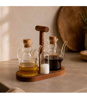 Set huile, vinaigre et sel verre et bois acacia 9x18.5x18cm