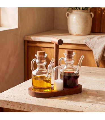 Set huile, vinaigre et sel verre et bois acacia 9x18.5x18cm