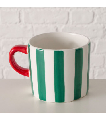 Set of 2 red and green striped ceramic mugs with dog motifs – 500 ml