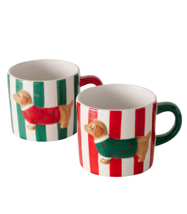 Set of 2 red and green striped ceramic mugs with dog motifs – 500 ml