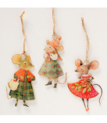 Set de 3 boules de Noël en métal famille souris 6.5x1x10.5cm