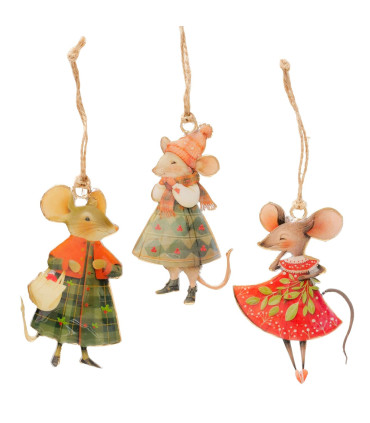 Set of 3 Christmas ornaments metal mouses 6.5x1x10.5cm