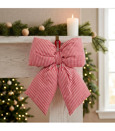 Décoration de Noël grand noeud en tissu rayé rouge et blanc 59x11.5x53cm