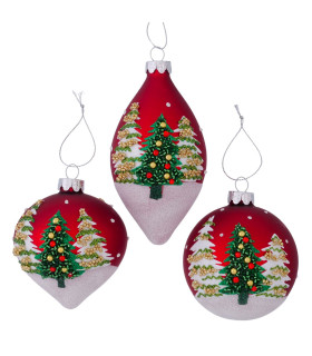 Set of 3 hand-decorated red Christmas baubles – 8 × 8 × 8 cm.