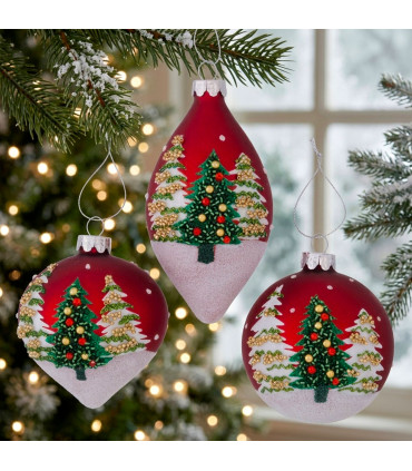 Set de 3 boules de Noël rouges décorées à la main 8x8x8cm