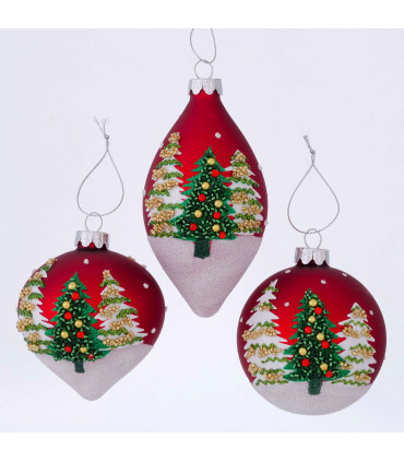 Set de 3 boules de Noël rouges décorées à la main 8x8x8cm