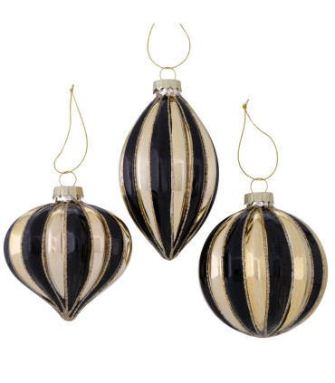 Set de 3 boules de Noël rayées noires et dorées peintes à la main 8x8x12.5cm