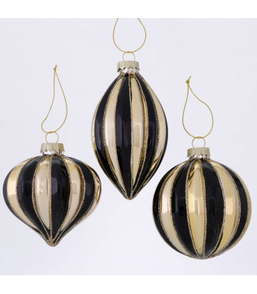 Set de 3 boules de Noël rayées noires et dorées peintes à la main 8x8x12.5cm