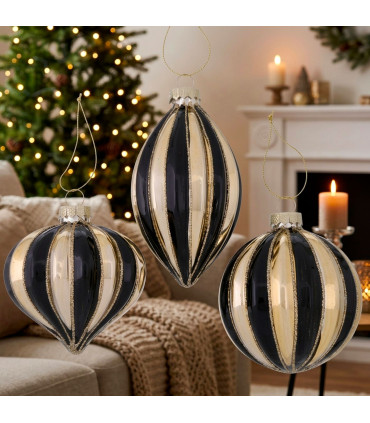 Set of 3 hand-painted black and gold striped Christmas baubles – 8 × 8 × 12.5 cm