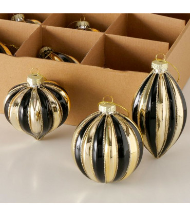 Set de 3 boules de Noël rayées noires et dorées peintes à la main 8x8x12.5cm