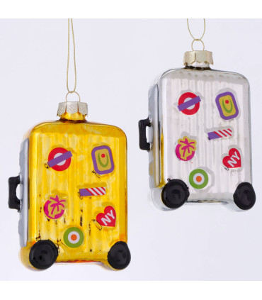 Set de 2 boules de Noël valises de voyage en verre laqué 8x4x12.5cm