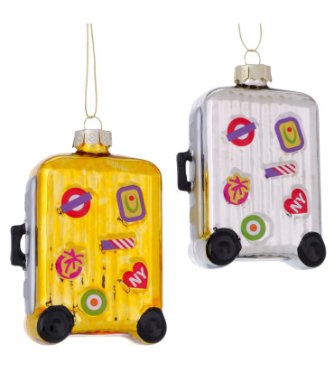 Set de 2 boules de Noël valises de voyage en verre laqué 8x4x12.5cm