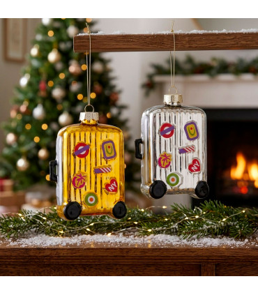 Set of 2 lacquered glass Christmas baubles shaped like travel suitcases – 8 × 4 × 12.5 cm